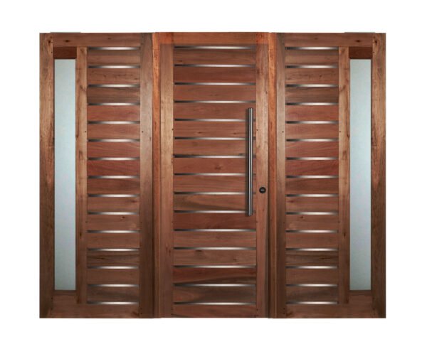 Portón de abrir moderno 3 cuerpos con apliques |Recorte para vidrios laterales